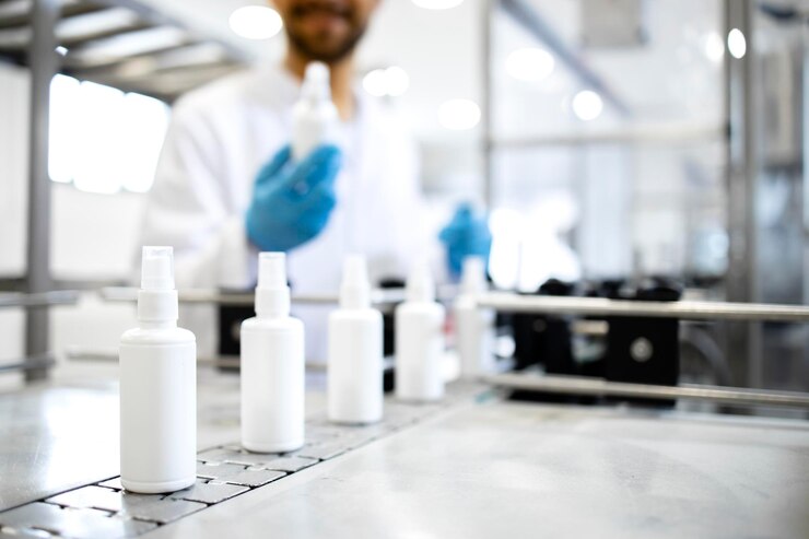 Produzione industriale di disinfettante o disinfettante per le mani in flaconi spray