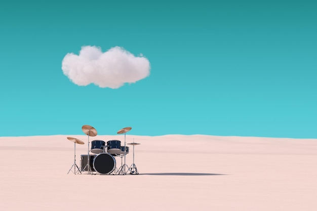 Professional Rock Black Drum Kit sotto la nuvola nel rendering 3d del deserto