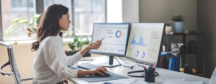 Professional Woman Analyzing Data on Dual Monitors in Modern Office Setting