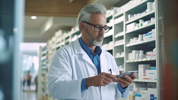 Professionista della farmacia che fa un esame in una struttura di stoccaggio Industria sanitaria e intelligenza artificiale generativa