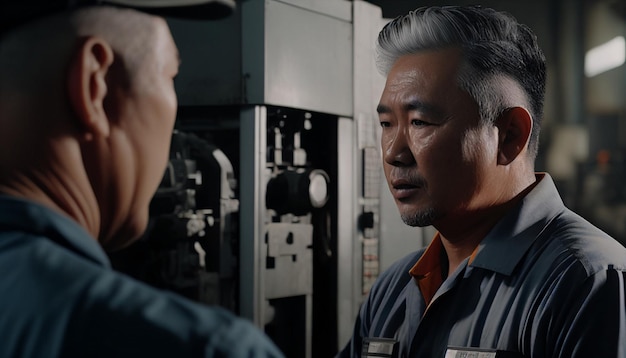Professionista di ingegnere asiatico maschio che discute di intelligenza artificiale generativa mentre si trova accanto a una macchina in fabbrica