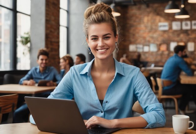 Professionista donna sicura che lavora su un portatile in un caffè mostra un comportamento rilassato e felice