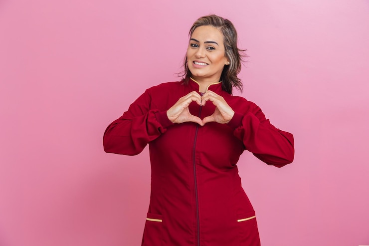 Foto professionista estetico imprenditrice brasiliana con un cappotto rosso che fa il segno del cuore con le mani