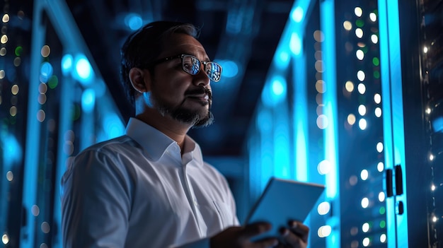 Professionista IT concentrato che utilizza un portatile mentre si trova in una sala server con scaffali di apparecchiature di rete illuminati da luci blu