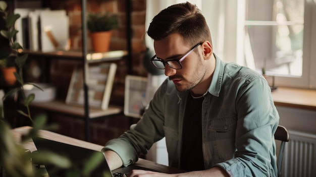 Professionista maschile concentrato che lavora a distanza con un portatile