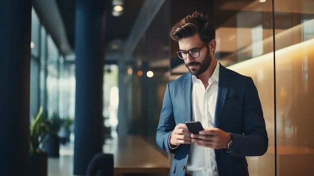 Professionista maschio che tiene un telefono cellulare in un ufficio