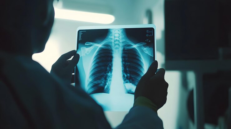 Professionista medico che tiene una radiografia toracica in un ambiente clinico durante il giorno