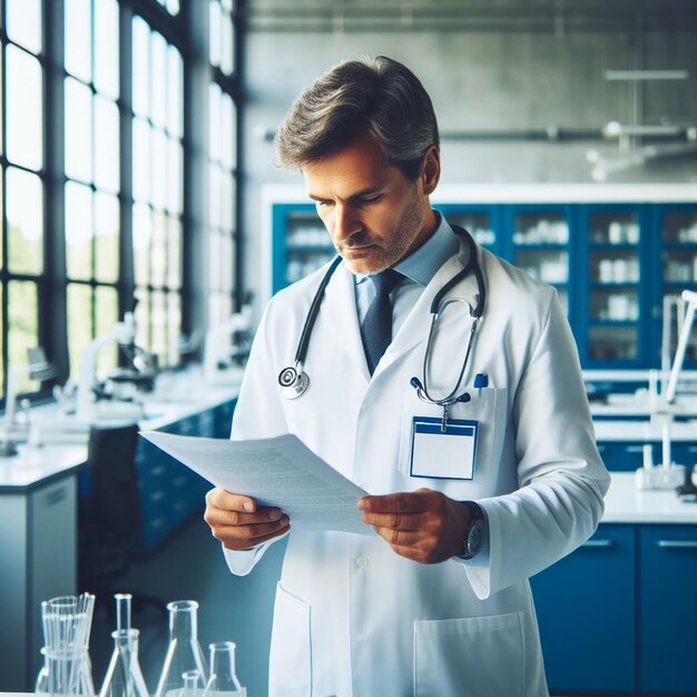 Professionista medico concentrato che esamina le cartelle dei pazienti in un laboratorio moderno