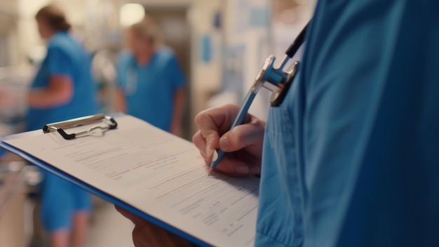 Professionista sanitario concentrato sulla scrittura di appunti per pazienti in un ambiente ospedaliero affollato
