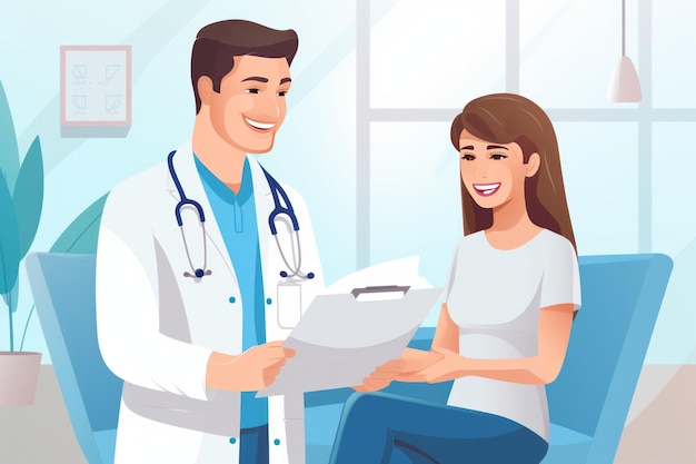 Professionista sanitario empatico fornisce una gioiosa consulenza medica al ballo della clinica contemporanea