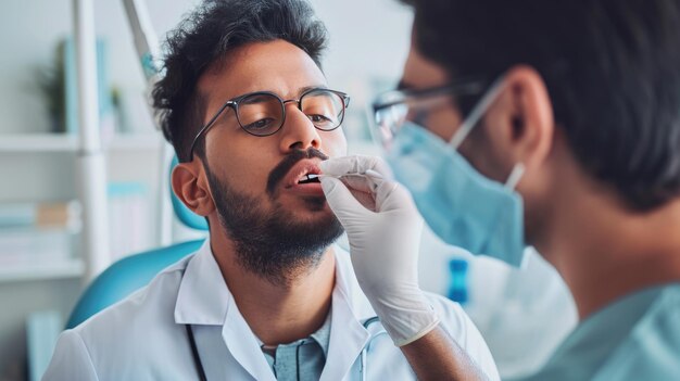 Professionista sanitario in attrezzatura protettiva che prende un tampone nasale da un paziente per un test COVID-19