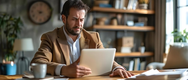 Professionista sovraccarico di lavoro allevia il dolore al polso durante la sessione del portatile Concetto Allevamento del dolore al pulso Spazio di lavoro ergonomico Esercizi di allungamento Suggerimenti di auto-cura