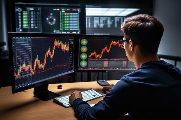 Professionisti del trading di criptovalute che esaminano i grafici e si impegnano nell'analisi del mercato sui computer