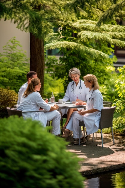 professionisti medici che si prendono una pausa all'aperto Generativa IA