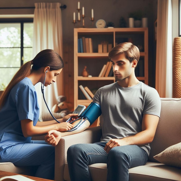 Professionisti sanitari che monitorano la pressione sanguigna dei pazienti anziani