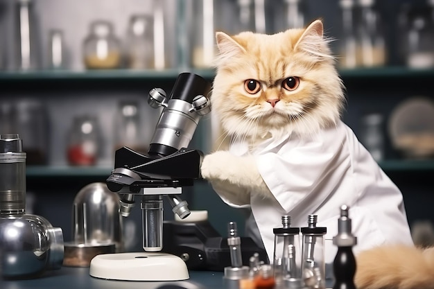 Professore gatto che posa in laboratorio vicino al microscopio Foto orizzontale