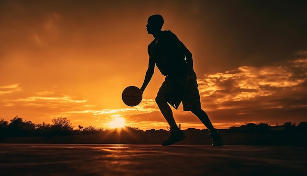 Profili gli uomini che giocano a calcio all'attività divertente del tramonto generata dall'intelligenza artificiale