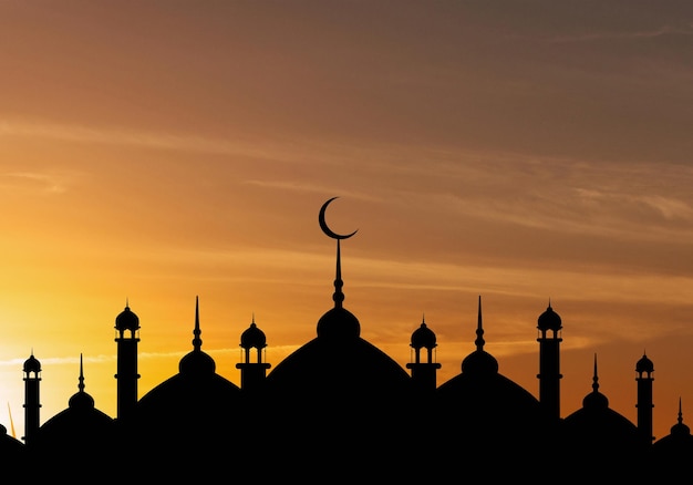 Profili le moschee della cupola e le stelle della luna crescente sul cielo del tramonto dopo il tramonto simbolo della religione islamica