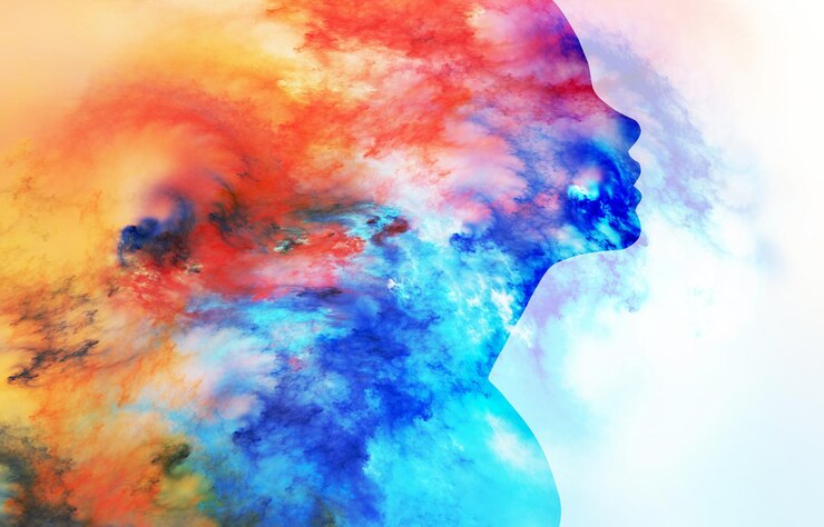 Profili umani eseguiti in uno stile pittorico surreale sul tema delle passioni e della creatività dei sogni
