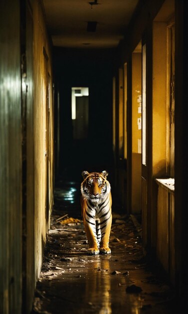 profilo a lungo tiro estremo di una tigre in piedi alla fine di un corridoio in un h abbandonato e sporco