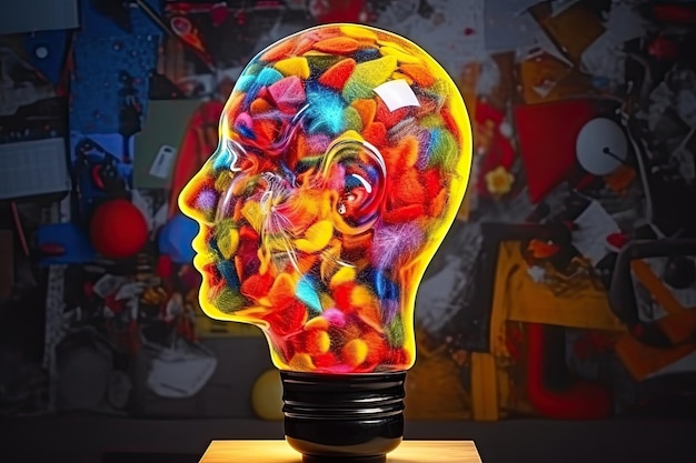 Profilo colorato di una testa illuminata come una lampadina simbolo di attività mentale intelligenza creatività su sfondo scuro IA generativa