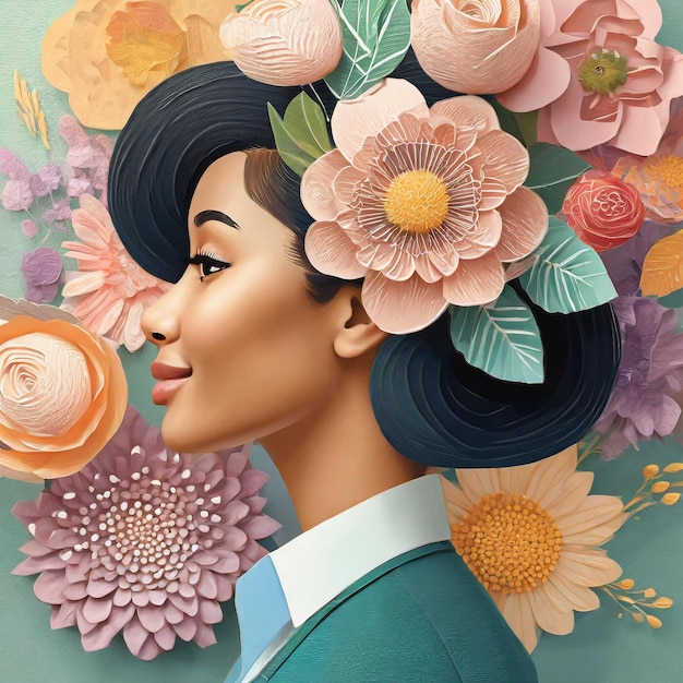 Profilo della donna della Giornata internazionale della donna con fiori in stile applique su sfondo pastello