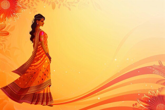 Profilo di donna indiana in abbigliamento tradizionale con sfondo festivo concetto di bandiera Gudi Padwa