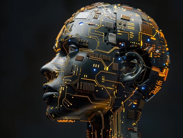 Profilo di testa AI con circuiti integrati