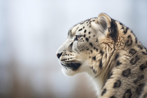 Profilo di un leopardo delle nevi con le montagne dietro