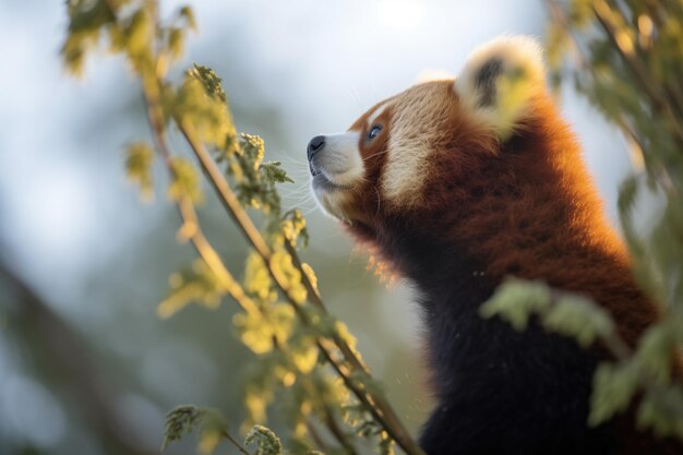 Profilo di un panda rosso su un albero all'alba