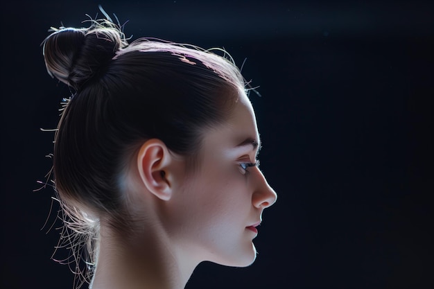 Profilo di una ballerina che si concentra prima di una performance con i capelli in un panino