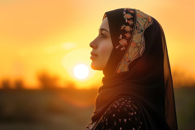 Profilo di una donna con un hijab ricamato contro un tramonto