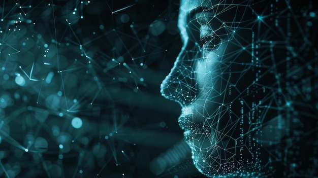 Profilo laterale del concetto di volto umano digitale con flussi di dati