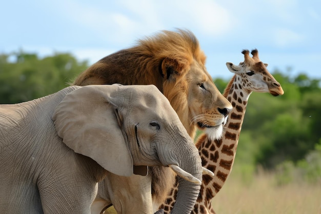 Profilo laterale di un leone elefante e di una giraffa insieme Giornata mondiale della fauna selvatica