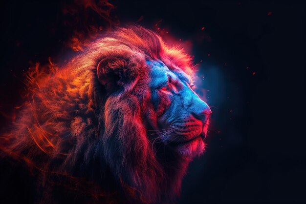 profilo multicolore di volto di leone luminoso al neon su sfondo nero