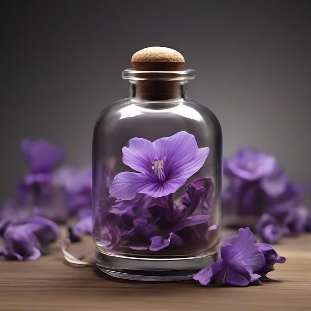 profumo di fiore viola in bottiglia di vetro AI