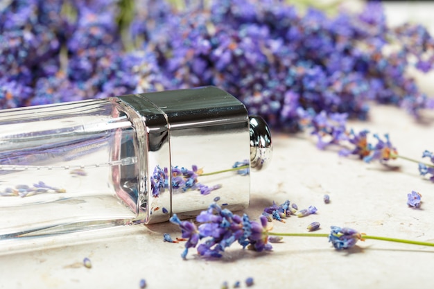 Profumo donna in bella bottiglia e fiori di lavanda