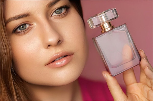 Profumo prodotto di bellezza e cosmetici modello viso ritratto su sfondo rosa bella donna con bottiglia di profumo con profumo femminile floreale moda e trucco