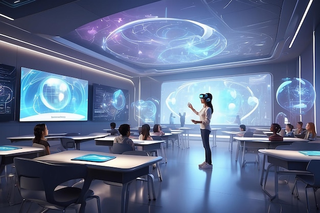 Progetta un'aula futuristica in cui vengono visualizzati display olografici