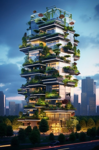 Progetta un moderno grattacielo con pannelli solari ecologici e sistemi di ventilazione naturale futuristici