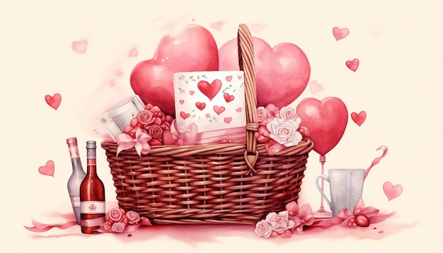 Progetta una carta con un cesto pieno di regali a tema d'amore circondati da cuori e una coppa romantica Crea uno spazio aperto per un'espressione personale di amore
