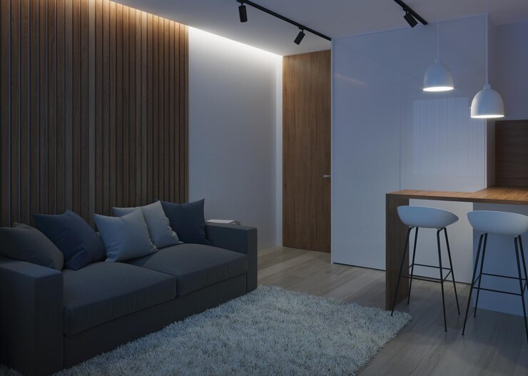 Progetta una piccola stanza con un divano. Notte. Illuminazione serale. Rendering 3D.