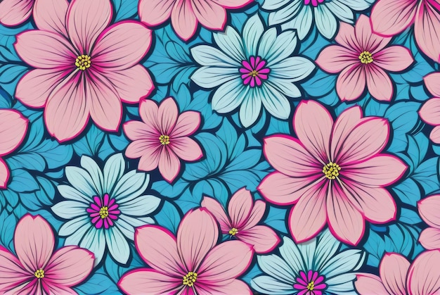 Progetta uno sfondo floreale senza soluzione di continuità con fiori rosa e blu intrecciati con linee ondulate