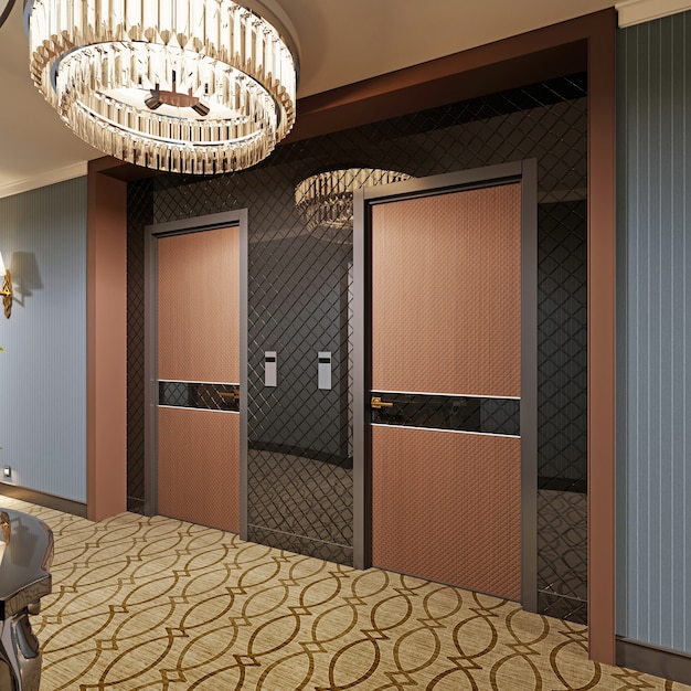 Progettare porte in legno nel corridoio dell'hotel. rendering 3D.