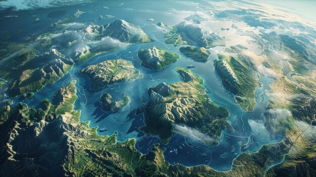 Progettare un'illustrazione immaginativa della Terra da una prospettiva retrospettiva che mostra un supercontinente futuristico formato