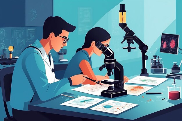 Progettare un'illustrazione in stile piatto di studenti che utilizzano microscopi avanzati per l'analisi forense