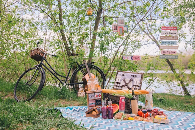 Progettare un picnic estivo in natura. Sul plaid c'è un cesto di cibo.