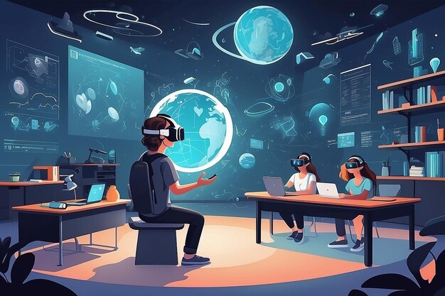 Progettare una grafica vettoriale degli studenti utilizzando la tecnologia VR per esplorare concetti scientifici in un ambiente virtuale illustrazione vettoriale in stile piatto