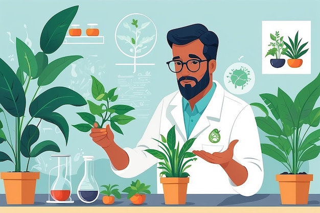 Progettare una grafica vettoriale di un insegnante che spieghi i principi della modifica genetica nelle piante illustrazione vettoriale in stile piatto