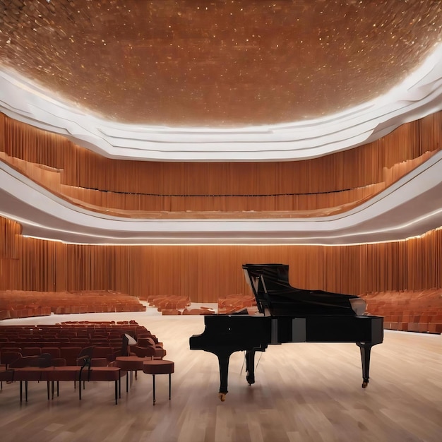 Progettazione astratta concettuale dell'interno della sala da concerto e del pianoforte a coda in stile moderno 3d